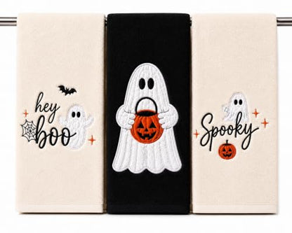 Halloween Hand Towels Set of 3 - Embroidered Ghost Pumpkin Spooky Decor 14x30