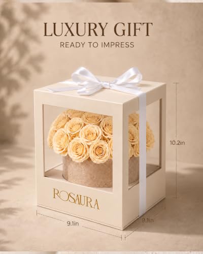 Golden Champagne Preserved Roses in Natural Yellow Travertine Vase - Gift Box