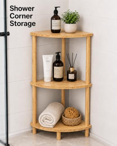Vaelyss 3-Tier Bamboo Corner Shower Stool with Storage, Space-Saving Bathroom Organizer