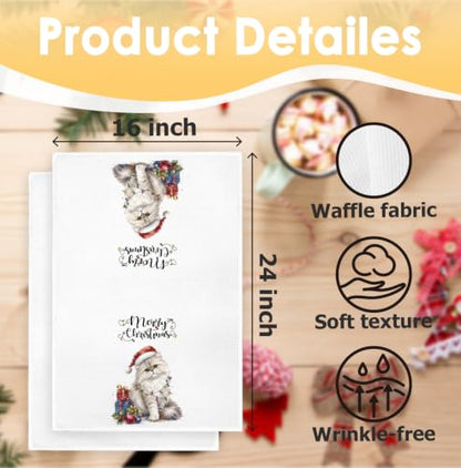 Santa White Cat Kitchen Towel - Christmas Winter Decor, 16x24in