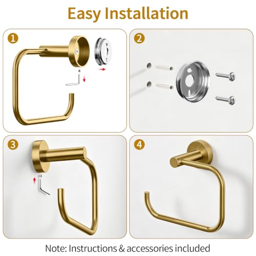 Hand Towel Holder with 180° Swivel Square Ring - Gold