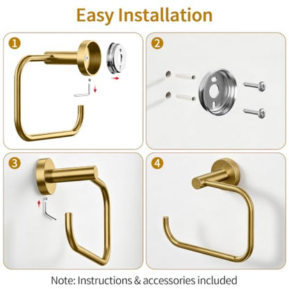 Hand Towel Holder with 180° Swivel Square Ring - Gold