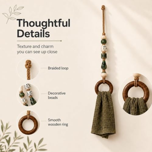 Green Beaded Towel Hanger with Wooden Ring - Boho Decor, 1pc