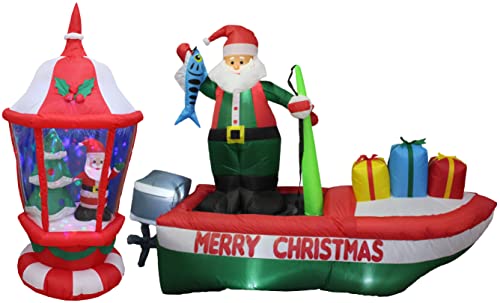 Christmas Inflatable Decorations Bundle with Lighted Santa Lantern & Santa on Fishing Boat