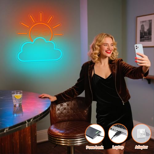 Sunrise Sunset Neon Sign with Orange Sun & Blue Clouds - Wall Decor, USB Powered