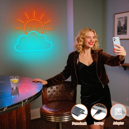 Sunrise Sunset Neon Sign with Orange Sun & Blue Clouds - Wall Decor, USB Powered
