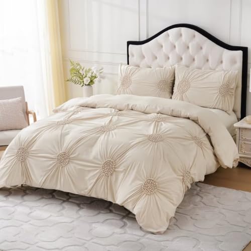 Full Size Beige Ruched Flower Duvet Set 3-Piece Boho Bedding - Beige / Full