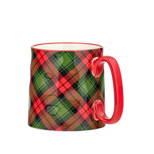 Holiday Plaid Ceramic Mug Set of 4 - 18oz Christmas Coffee Cups with Handle