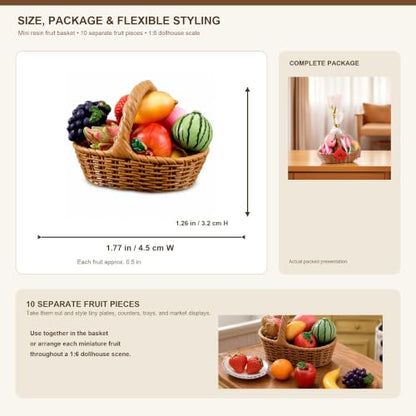 Miniature Artificial Resin Fruits Basket - Oval Style, 10 Kinds of Fruits, 0.5 Inch
