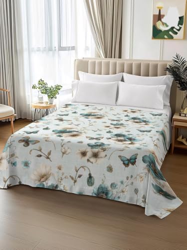 Twin Flat Sheet - Pale Blue-Green Floral Microfiber Bed Sheet for Twin Bed