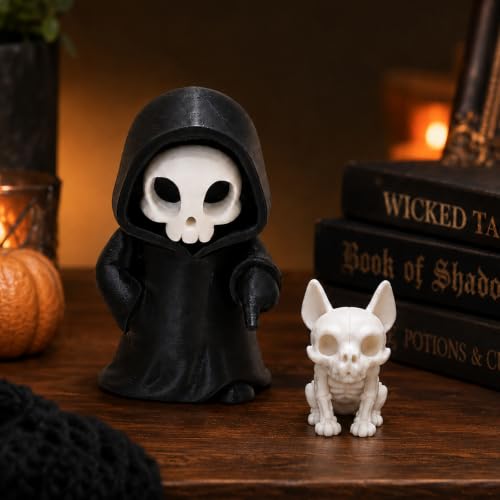 Halloween Gothic Skeleton Figurine with Puppy Companion - Spooky Desk Decor