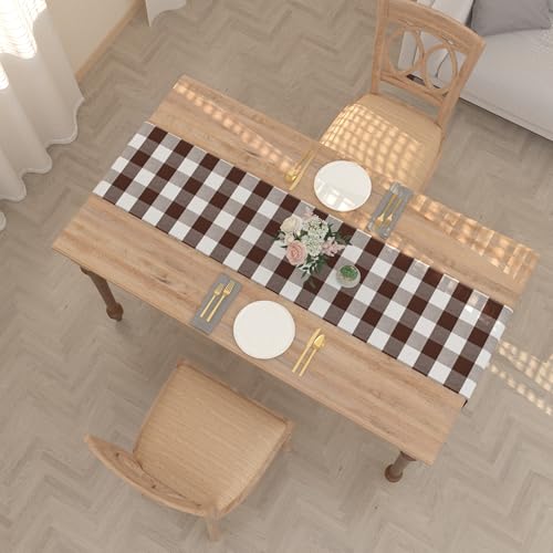 Buffalo Check Farmhouse Table Runner 12x60 Inches - Brown & White Plaid, Double-Sided