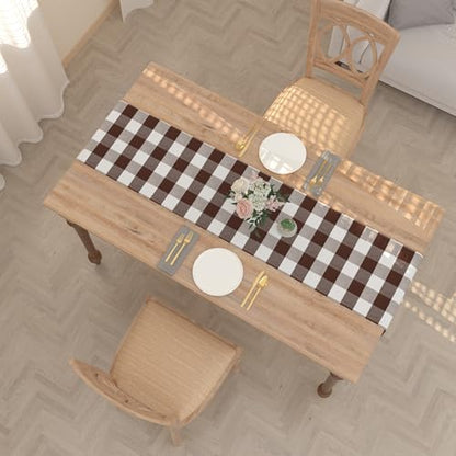 Buffalo Check Farmhouse Table Runner 12x60 Inches - Brown & White Plaid, Double-Sided