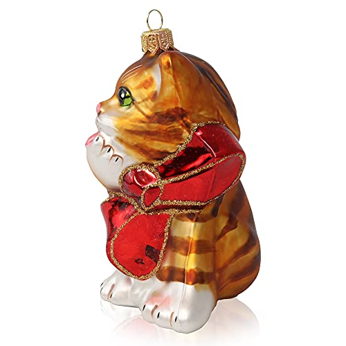 Hand Blown Glass Christmas Cat Ornament with Red Bow - Holiday Decor