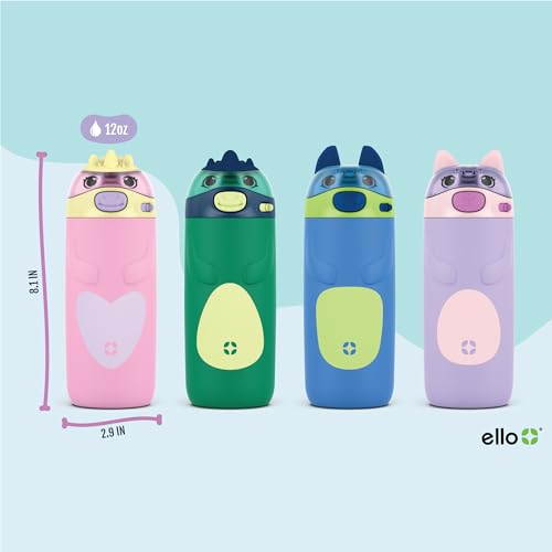 Ello Ellies 12oz Vacuum Insulated Stainless Steel Kids Water Bottle with Straw and Built-in Carrying Handle and Leak-Proof Locking Lid for School Backpack, Lunchbox and Outdoor Sports, Dino