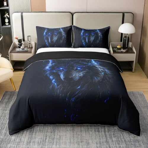 Black Blue Twin Duvet Cover Set for Kids Boys Girls Wildlife Cotton Breathable 2Pcs