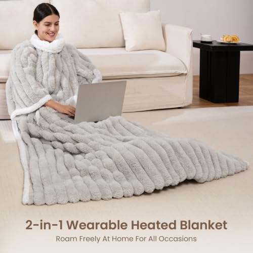 PROALLER Light Grey Wearable Heated Blanket with Foot Pocket, Faux Fur & Sherpa Fleece 52x72 Inches