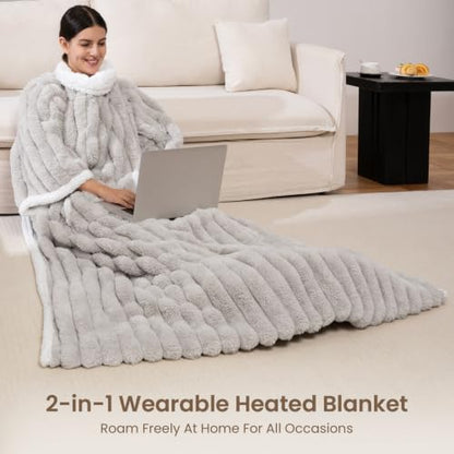 PROALLER Light Grey Wearable Heated Blanket with Foot Pocket, Faux Fur & Sherpa Fleece 52x72 Inches