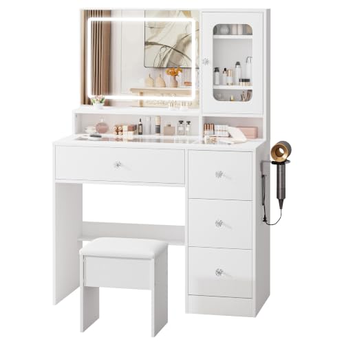 White Makeup Vanity Desk with Glass Top & Acrylic Cabinet - 35.4"