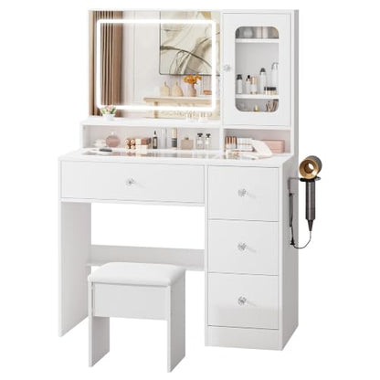 White Makeup Vanity Desk with Glass Top & Acrylic Cabinet - 35.4"