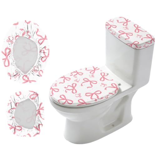Pink Bow Toilet Lid Cover and Tank Cover Set - Stretch Fabric Bathroom Decor - Fits Round, Elongated & Oblong Toilets - 2 Pieces