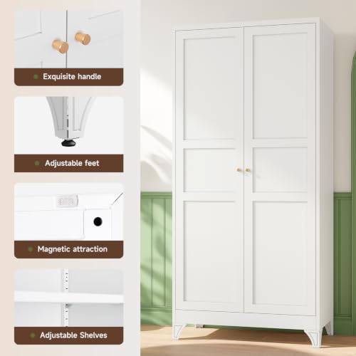 White Metal Pantry Kitchen Storage Cabinets with Doors and Shelves - 18 x 36 x 76 Inches