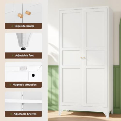 White Metal Pantry Kitchen Storage Cabinets with Doors and Shelves - 18 x 36 x 76 Inches