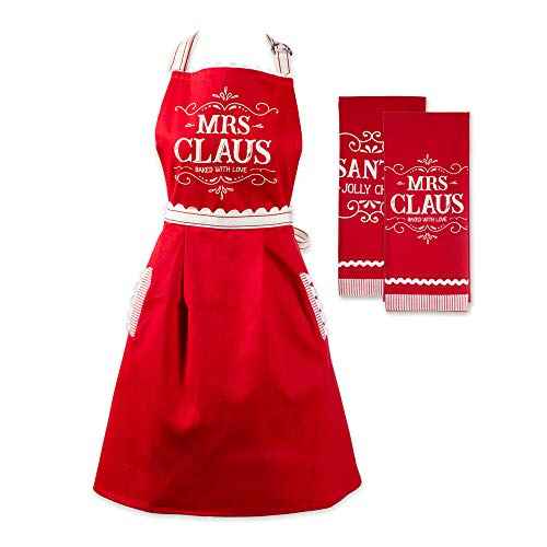 DII Christmas Kitchen D?cor, Holiday Cooking & Baking Accessories Machine Washable Cotton, Apron/Dishtowel Set, Mrs. Claus Set, 3 Count