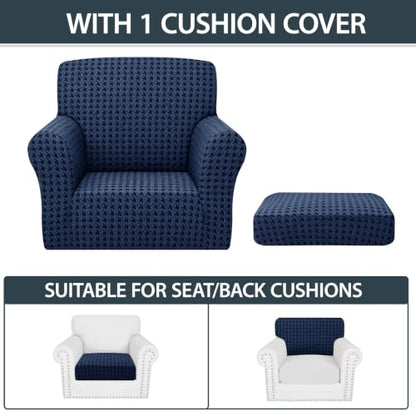 Stretch Chair Slipcover with Arms 34-44 Inches Navy Blue 2-Piece Armchair Cover with Elastic & Buckle - Armchair 1 Cushion Variation