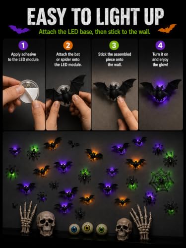 Halloween Wall Decor Kit with 3D Bats Spiders Web Skulls and LED Lights