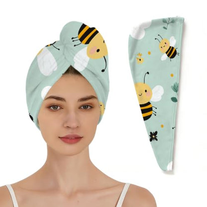 Microfiber Hair Towel Wrap for Women - Quick Dry, Absorbent Turban with Cartoon Bee Pattern