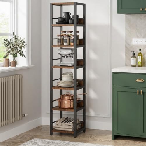 75-Inch Tall Corner Shelf with 6 Shelves Rustic Brown Narrow Bookcase
