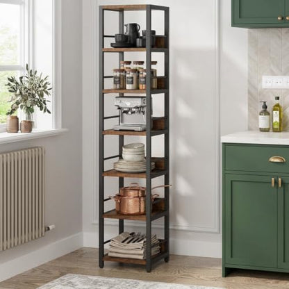 75-Inch Tall Corner Shelf with 6 Shelves Rustic Brown Narrow Bookcase