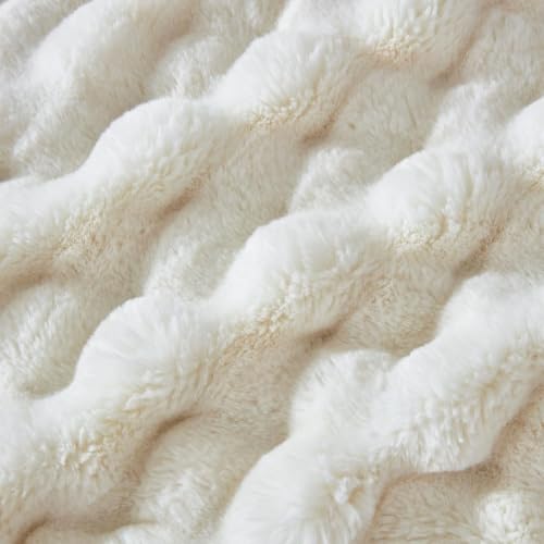 Cream White Faux Fur Throw Blanket 50x60 Plush Fuzzy Bubble for Sofa & Bedroom