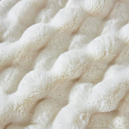 Cream White Faux Fur Throw Blanket 50x60 Plush Fuzzy Bubble for Sofa & Bedroom