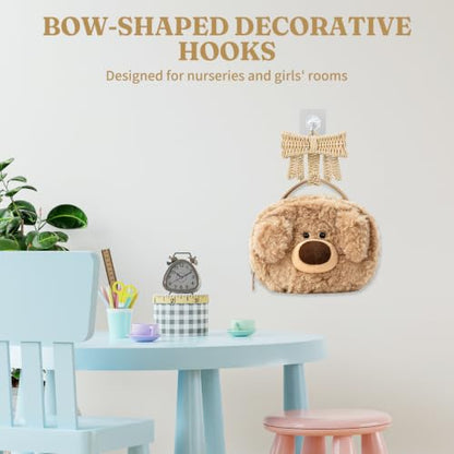 4 Pack Handwoven Rattan Bow Wall Hooks - Boho Decorative Wall Hangings