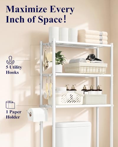 Over Toilet Storage Rack 3 Tier Metal Bathroom Organizer - White / 61" H