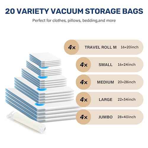 Simple Deluxe 20 Pack Space Saver Bags (4 Jumbo/4 Large/4 Medium/4 Small/4 Roll M) Vacuum Storage Bags, Vacuum Seal Bags with Hand Pump for Comforters, Blankets, Bedding, Pillows and Clothes