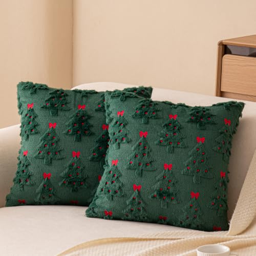 Warmstar Christmas Tree Throw Pillow Covers Set of 2 - Green Bow 20x20 Inches