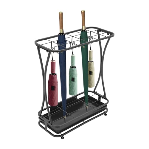 Metal Umbrella Holder Stand with 18 Slots and 10 Hooks for Entryway Organization