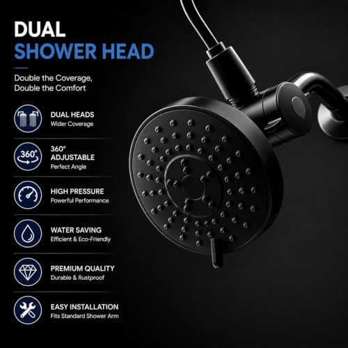Matte Black Dual Shower Head for Two People - Adjustable & 3 Spray Modes