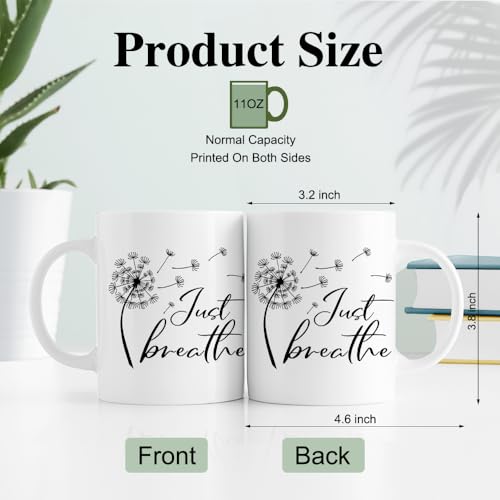 Just Breathe Novelty 11oz Coffee Mug - Funny Dandelion Floral Gift for Yoga & Meditation Lovers