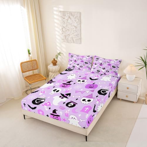 Halloween Purple Ghost Fitted Sheet Twin Size with Pillowcase - Kids Bedroom Decor