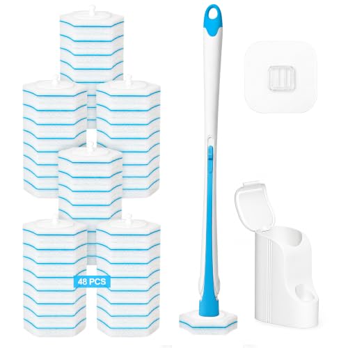 Disposable Toilet Brush and Holder Set with 48 Refills - No-Touch System