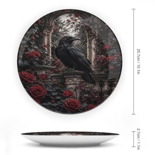 Black Crow Red Roses Gothic Bone China Decorative Plate with Stand & Wall Hook - 10 Inch