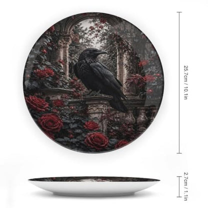Black Crow Red Roses Gothic Bone China Decorative Plate with Stand & Wall Hook - 10 Inch