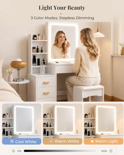 Breevia White Small Vanity Desk with Mirror & Lights, 31.5" Compact Dressing Table with Stool, 4 Drawers