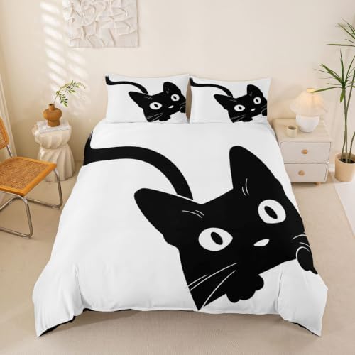 Queen Size Black Cat Comforter Cover Set with Hidden Zipper & Corner Ties