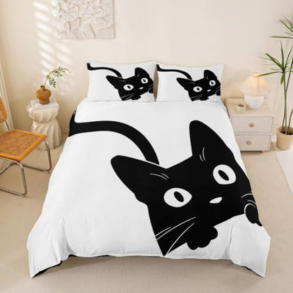 Queen Size Black Cat Comforter Cover Set with Hidden Zipper & Corner Ties
