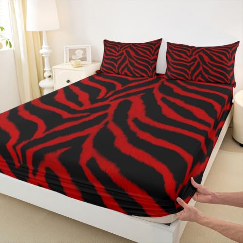 Black Red Zebra Print Fitted Sheet for Twin Bed - Deep 16" Pocket, Kids Bedding